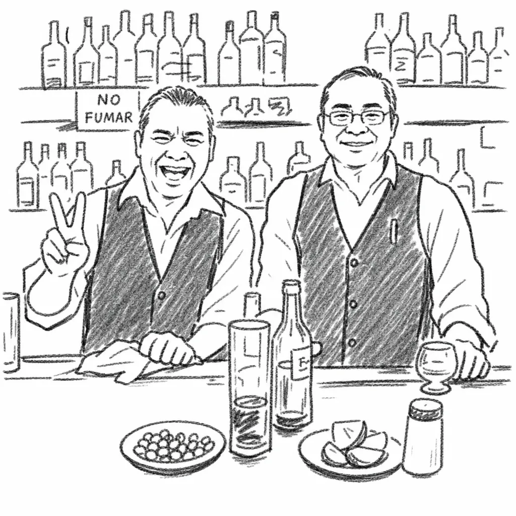 Black-and-white illustration of two smiling men behind a bar, one making a peace sign