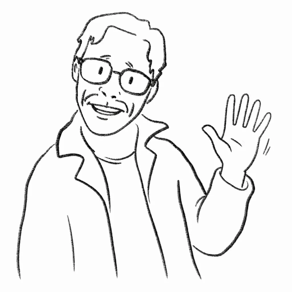 Black-and-white illustration of Soke smiling and waving hello