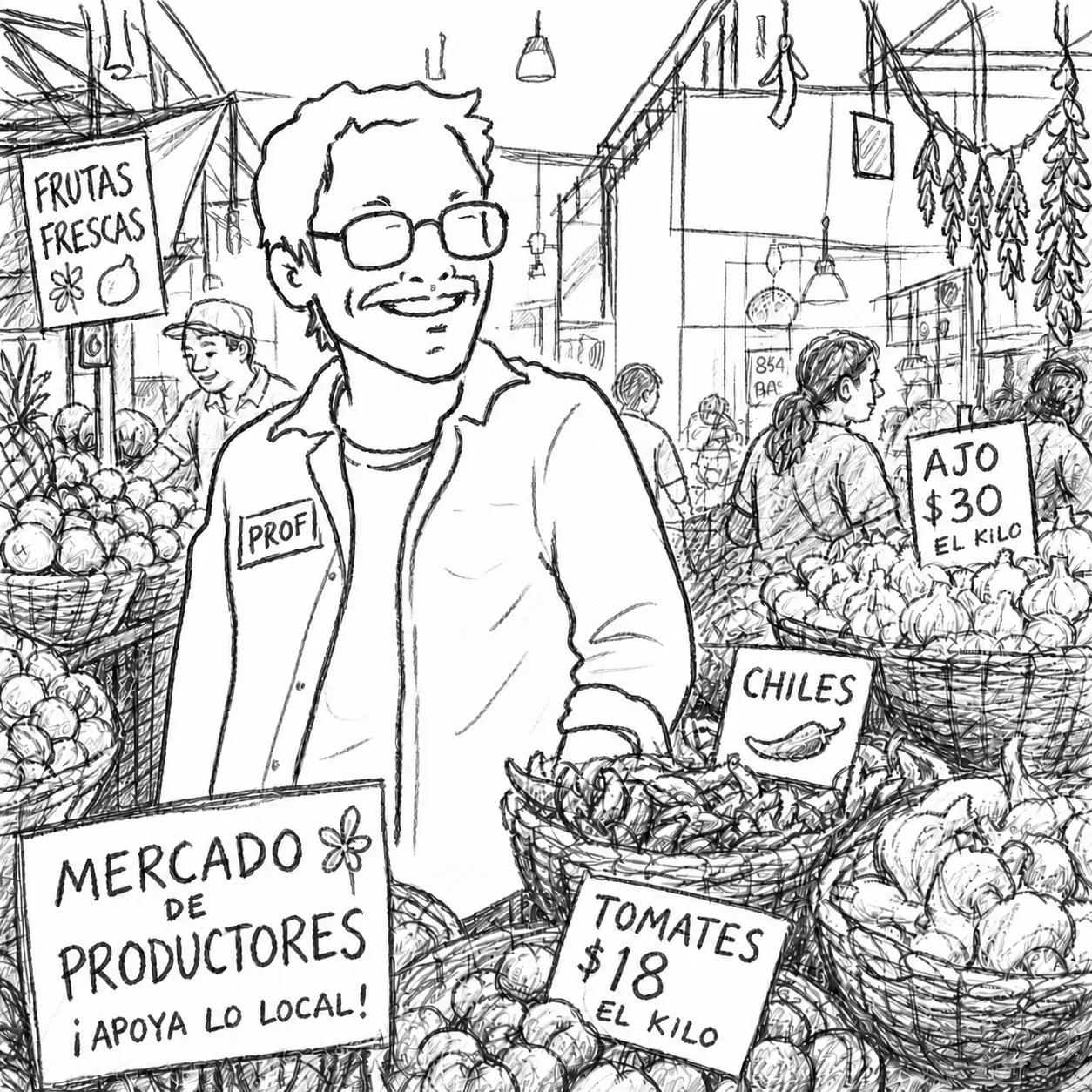 Black-and-white illustration of Soke shopping among produce vendors at a Mexico City market