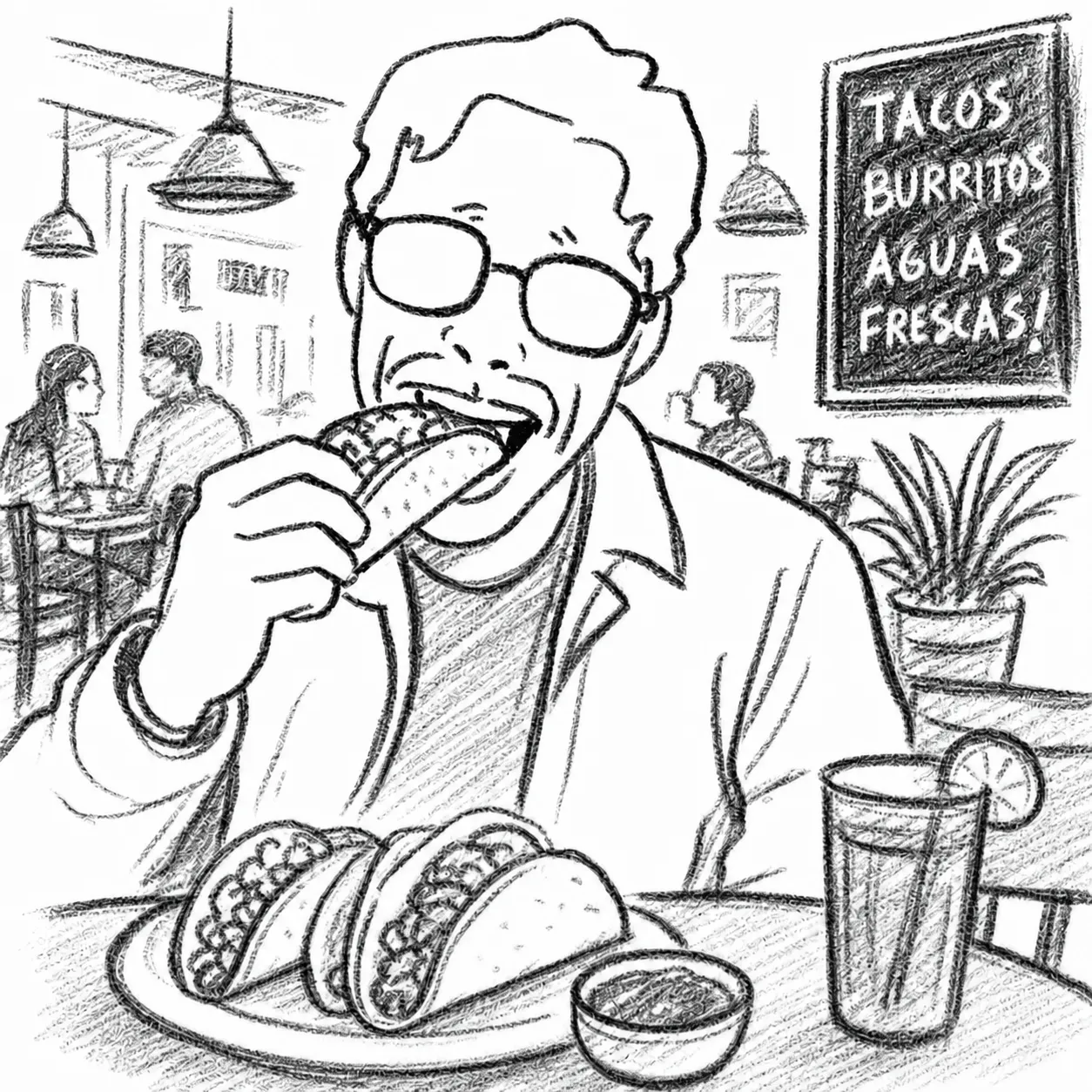 Black-and-white illustration of Soke eating tacos at a Mexico City restaurant