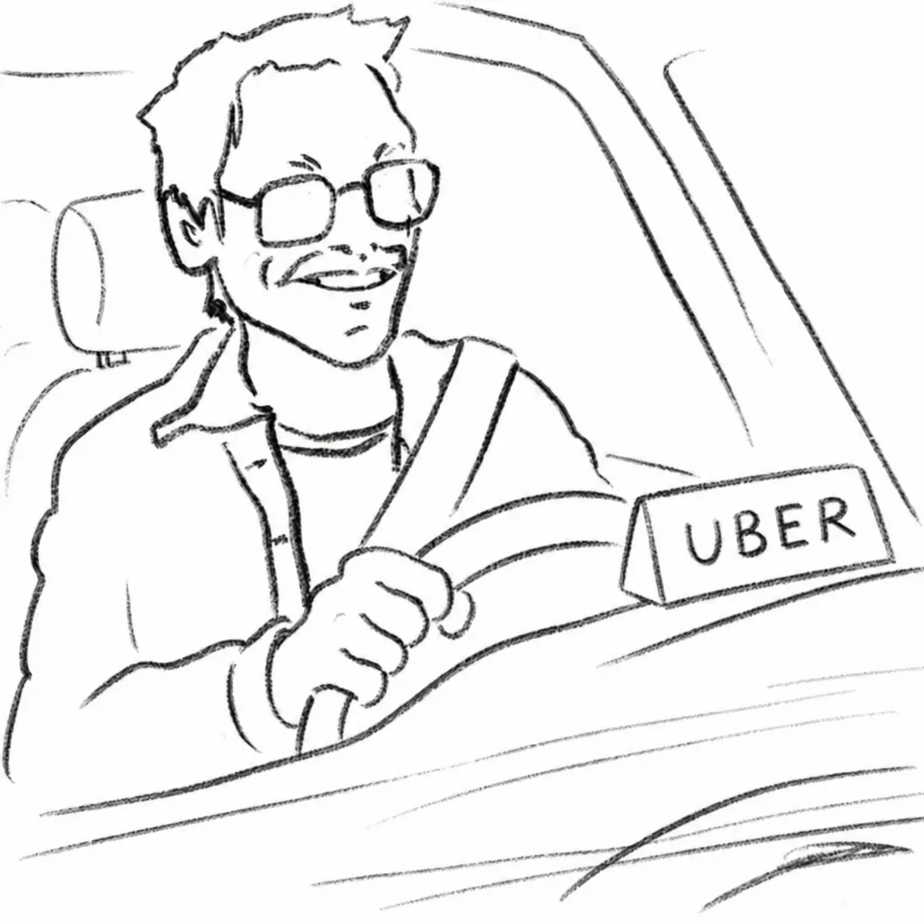 Black-and-white illustration of Soke driving a car with an Uber sign